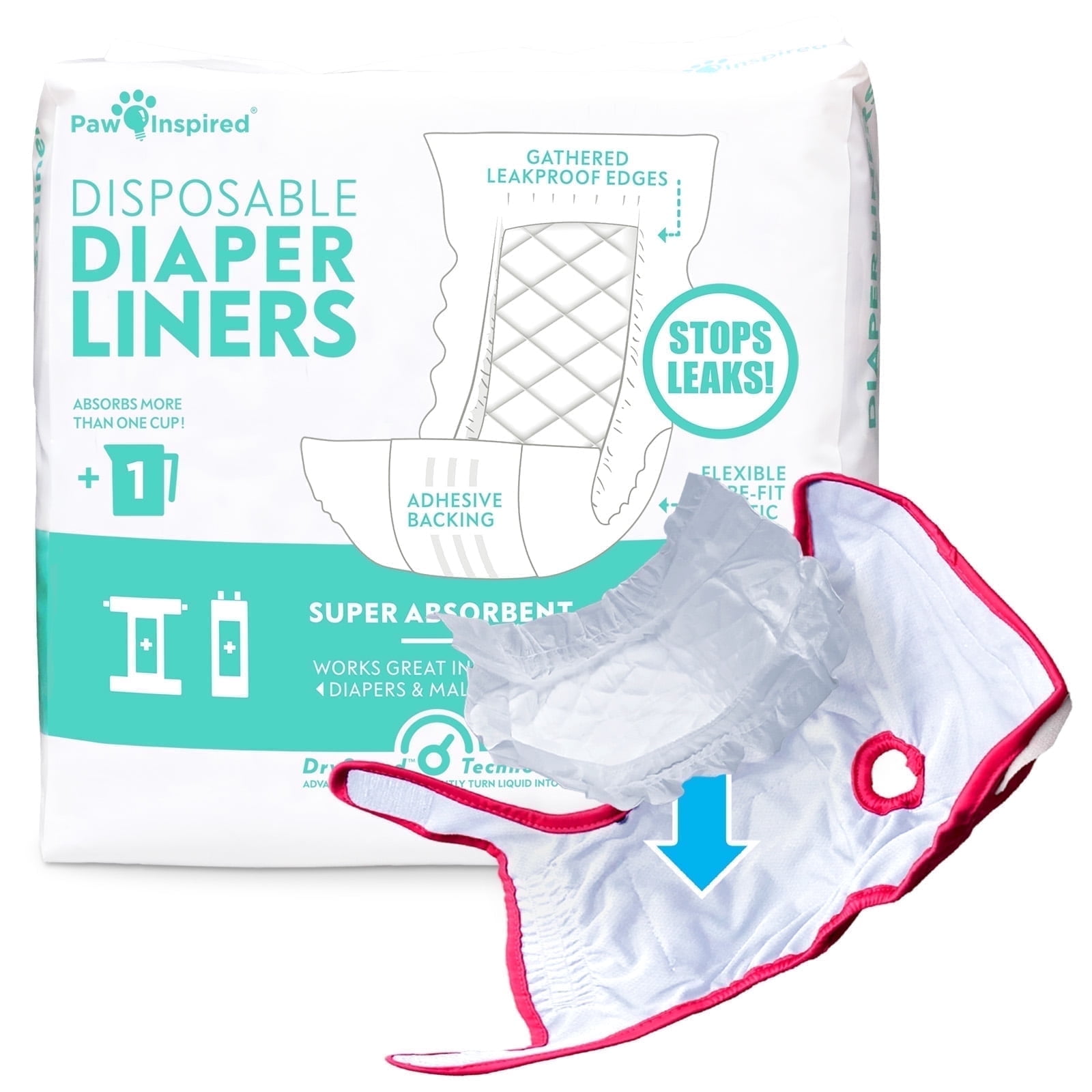 30ct Paw Inspired Dog Diaper Liner Booster Pads, Adds Absorbency with Leakproof Backing to Keep Dog Diapers and Male Wraps Dry