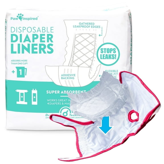 30ct Paw Inspired Dog Diaper Liner Booster Pads, Adds Absorbency with Leakproof Backing to Keep Dog Diapers and Male Wraps Dry