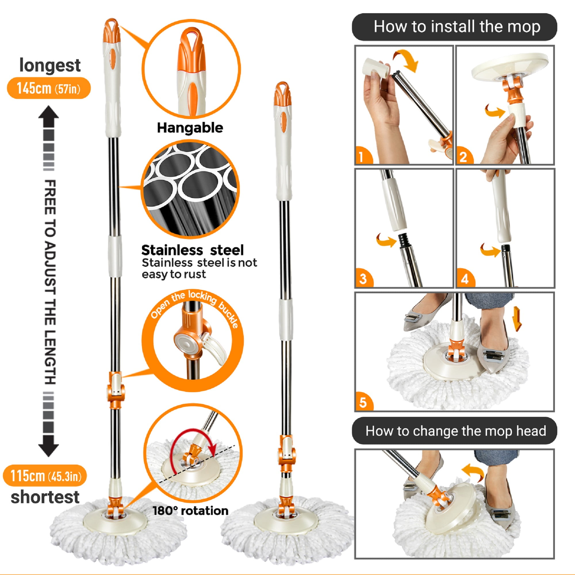 MASTERTOP Spin Mop Bucket System with Wringer Set, Mop Buckets Separate  Clean and Dirty Water,360° 6psc Microfiber Spin Mops, 51.2 Inch Stainless