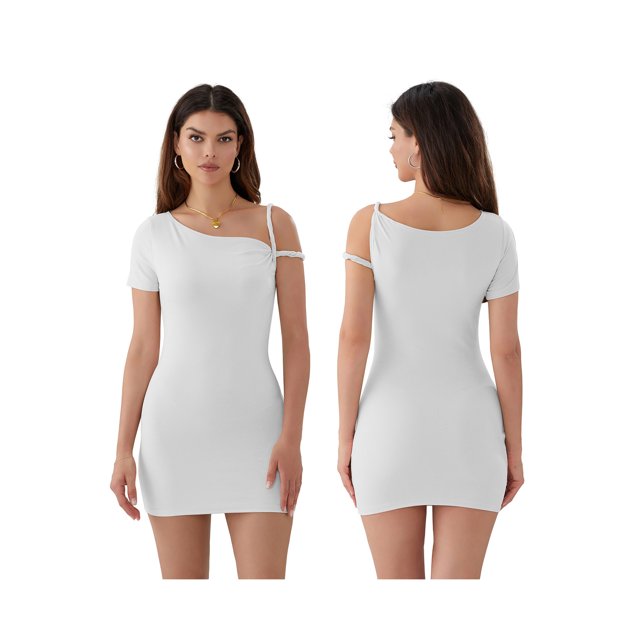 SUNSIOM Women’s Summer Mini Cocktail Dress Short Sleeve Asymmetrical Shoulder Above Knee Dresses