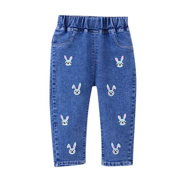 Jeans for Kids Cute Cartoon Embroidered Baggy Jeans Girls Girls Straight Leg Jeans with Pockets High Waisted Girls Wide Leg Pants for Toddler Girls 18-24 Months
