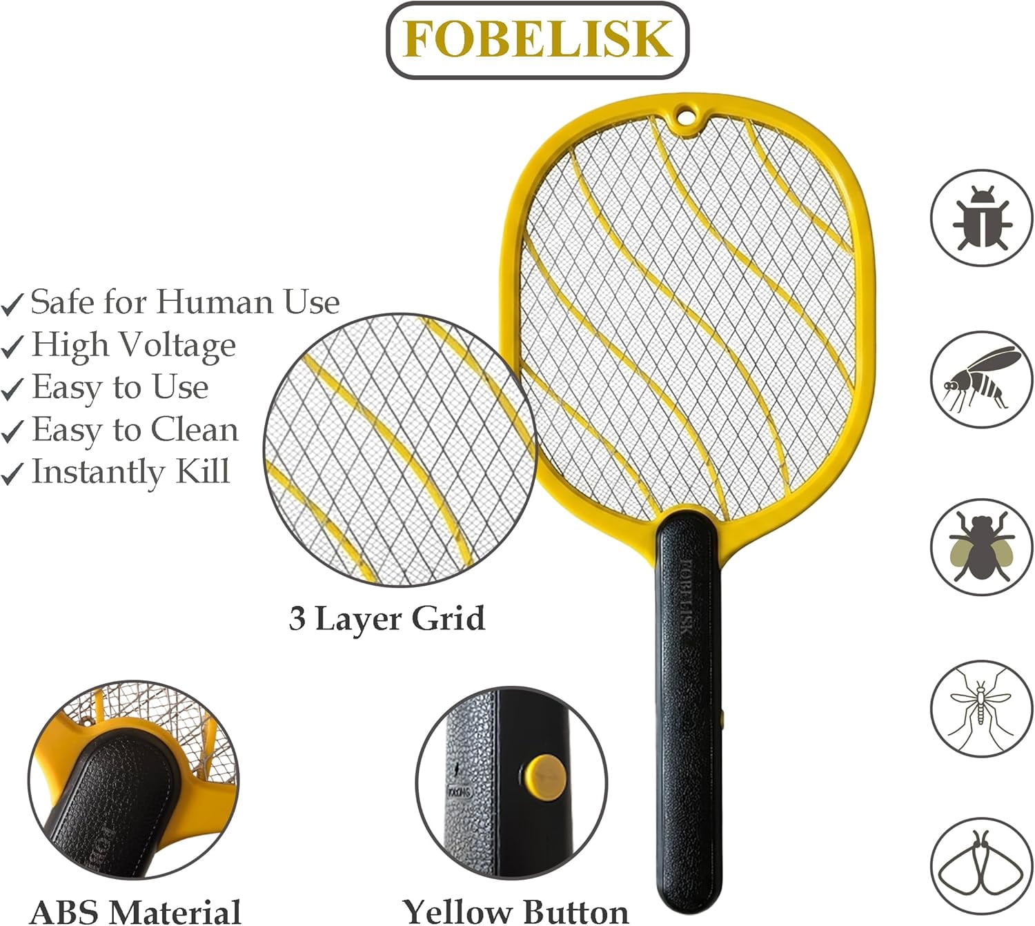 Electric Fly Swatter – Battery Powered Bug Zapper Racket with 2 AA Batteries Included, 3-Layer Safety Mesh, Handheld for Indoor, Outdoor, Home, Bedroom, Kitchen, Office, Backyard, Patio