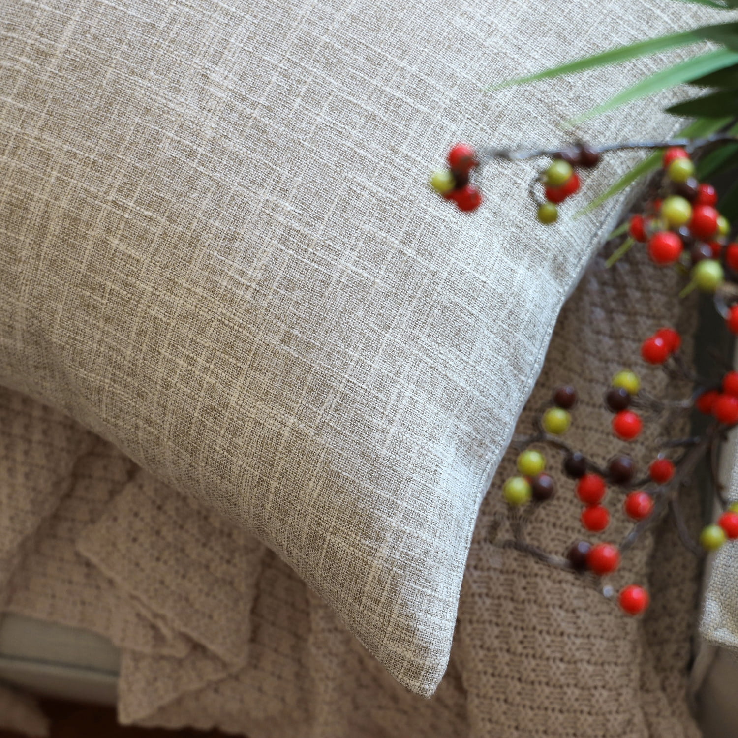 Phantoscope Textural Faux Linen Series Square Decorative Throw Pillow Cusion for Couch, 18" x 18", Beige, 2 Pack