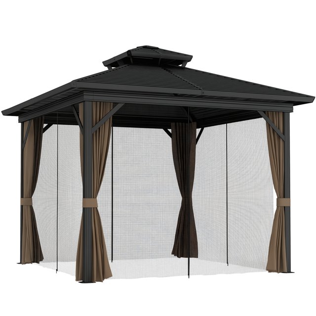Outsunny Pavillon à Toit Rigide 10 Pieds x 10 Pieds Pavillon Extérieur en Aluminium, Brun Foncé