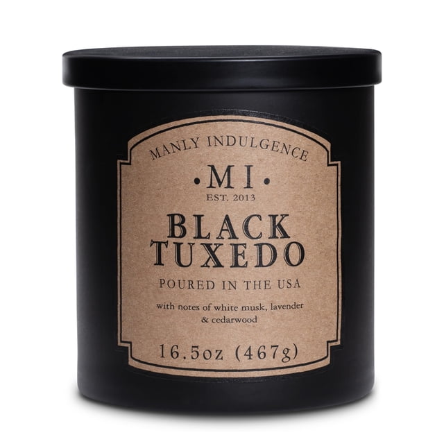Vela en tarro de esmoquin negra Manly Indulgence, 16.5 onzas, almizcle blanco, lavanda, madera de cedro, jazmín y lirio terroso, hasta 60 horas de combustión, cera de mezcla de soja vertida en Estados