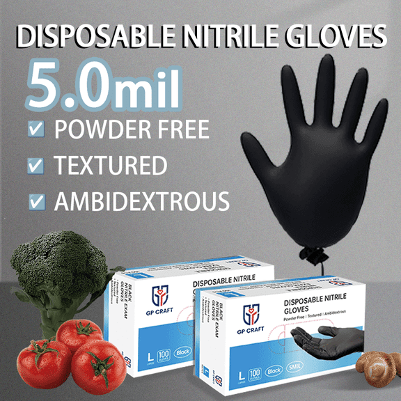 100pcs Nitrile 5MIL Black Disposable Gloves-Latex Free, Non Rubber Gloves For Outdoor Cleaning, Cooking, Food Prepping, Professional Protective Gloves