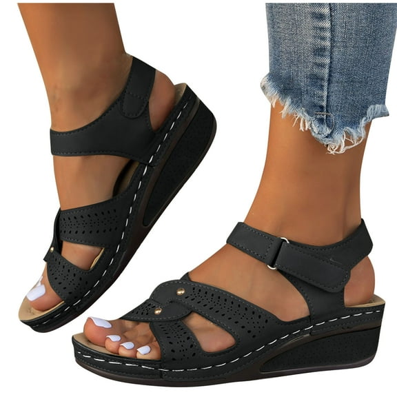 THDHVS Comfortable Sandals for Women,Womens Sandals,Women's Fashion Casual Summer One-Line Hollow Fish Mouth Wedge Heel Casual Outdoor Sandals Red 5.5