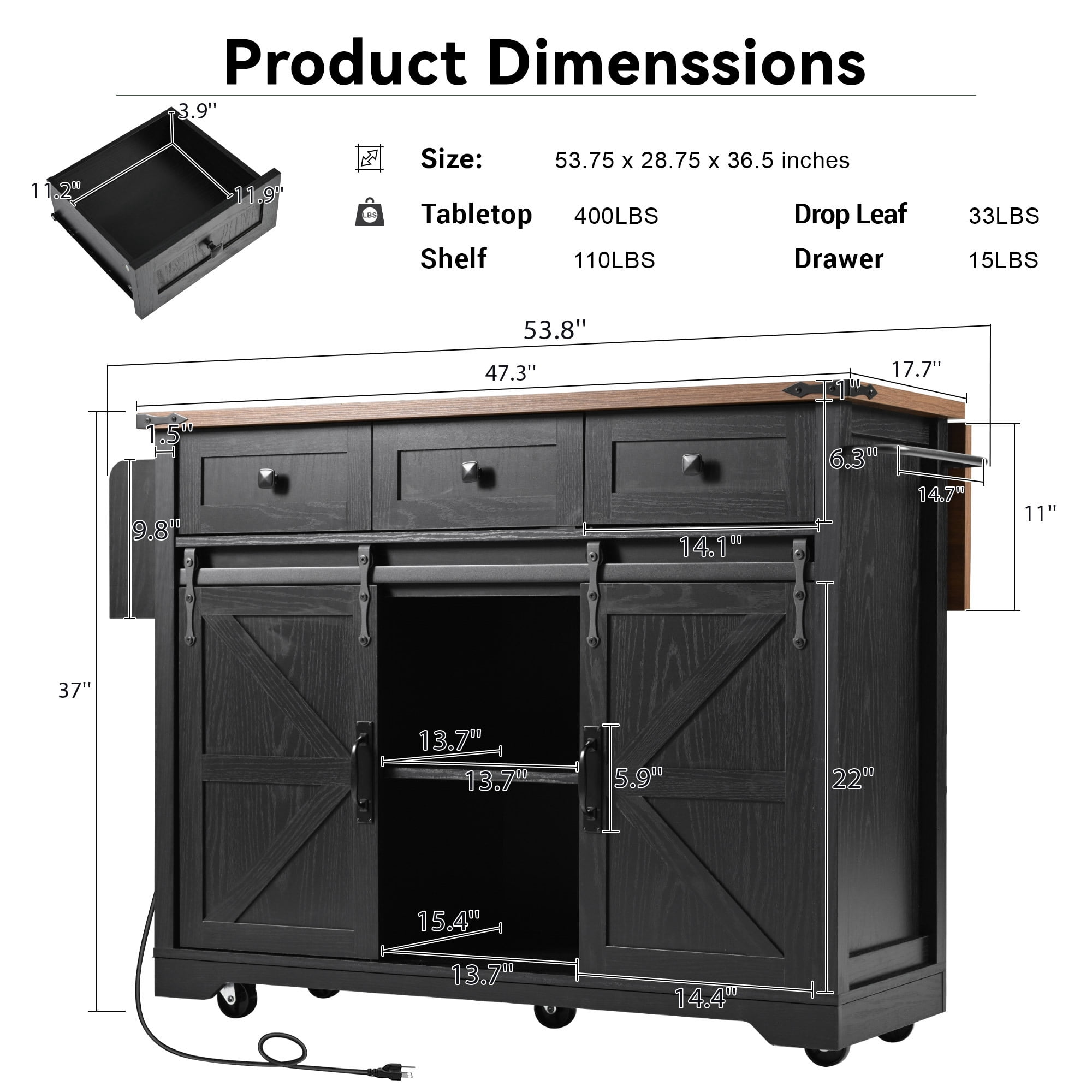 Euroco 53.7" Farmhouse Kitchen Island Cart with Storage on Wheels,Rolling Kitchen Cart with Power Outlet, 2 Doors and Drop Leaf for Dining Room