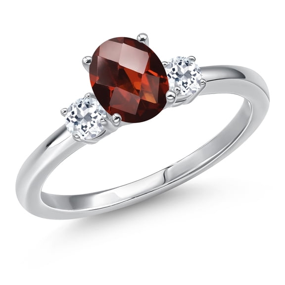 Gem Stone King 14K White Gold Red Garnet and White Topaz Engagement Ring for Women | 1.28 Cttw | Oval Checkerboard 7X5MM | Gemstone January Birthstone | Size 9
