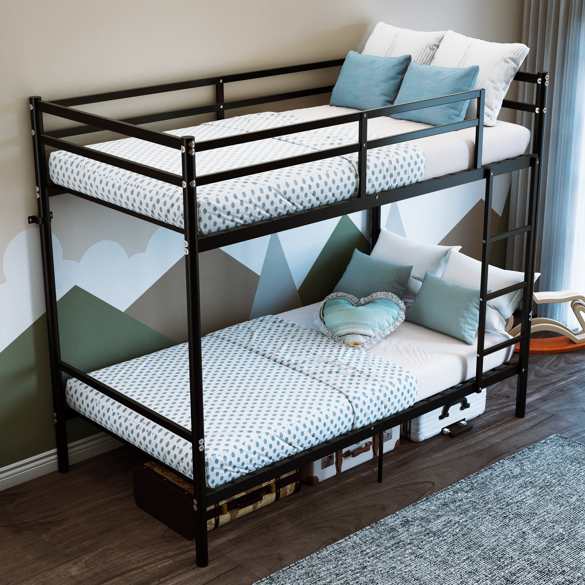 GARITIN Bunk Bed Twin over Twin with High Guardrails and 19 Slats, Space-Saving Metal Bed Frame and Heavy Duty Bunk Beds for Adults, Black