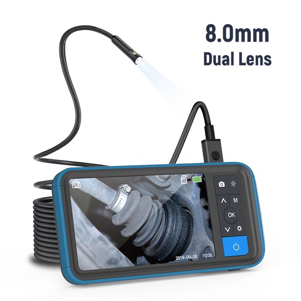 Endoscopio industrial MS450 con pantalla HD 4.5", doble lente de 8mm y tubo flexible de 5m, resistente al agua IP67, incluye memoria de 32GB y batería recargable, ideal para inspección de autos y