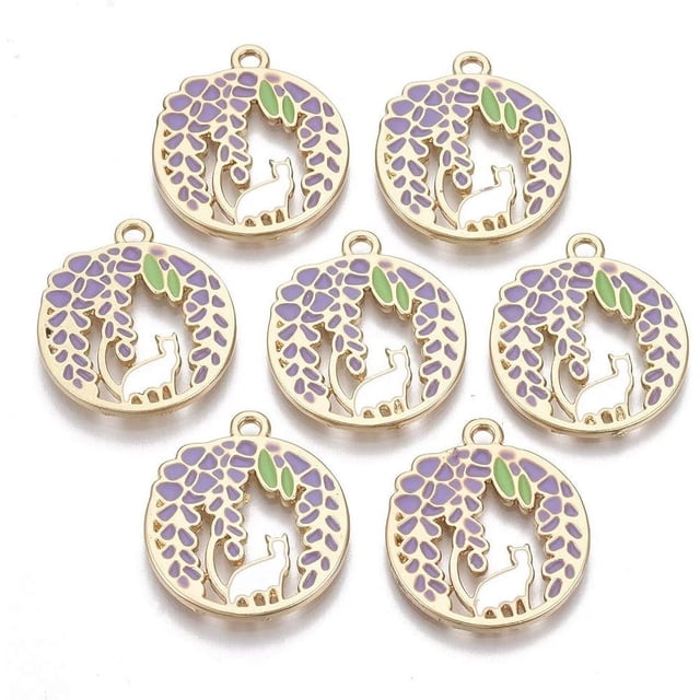 5 colgantes de hoja de aleación con esmalte, planos y redondos, con forma de hoja y gato. Colgante dorado, morado medio, ideal para hacer joyas.