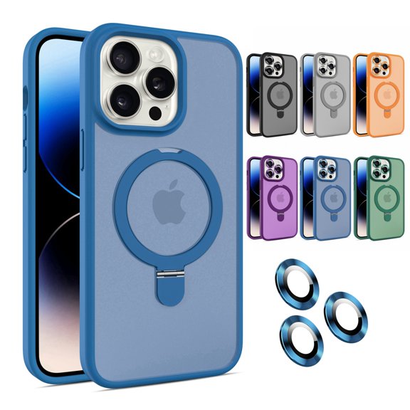 Decase for iPhone 15 Plus Compatible with Mag Safe Case,Built-in Invisible Foldable Ring Stand,with Lens Protector Film,Slim Shockproof TPU Bumper Anti-Scratch Translucent PC Back Cover Case,Darkblue