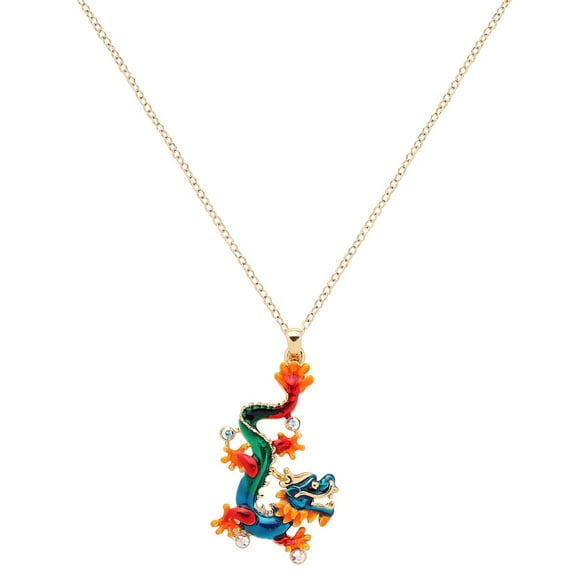 Handcrafted Gold Plated Chinese Dragon Pendant Necklace, Hand Painted Enamel, Traditional Asian Style - J1184