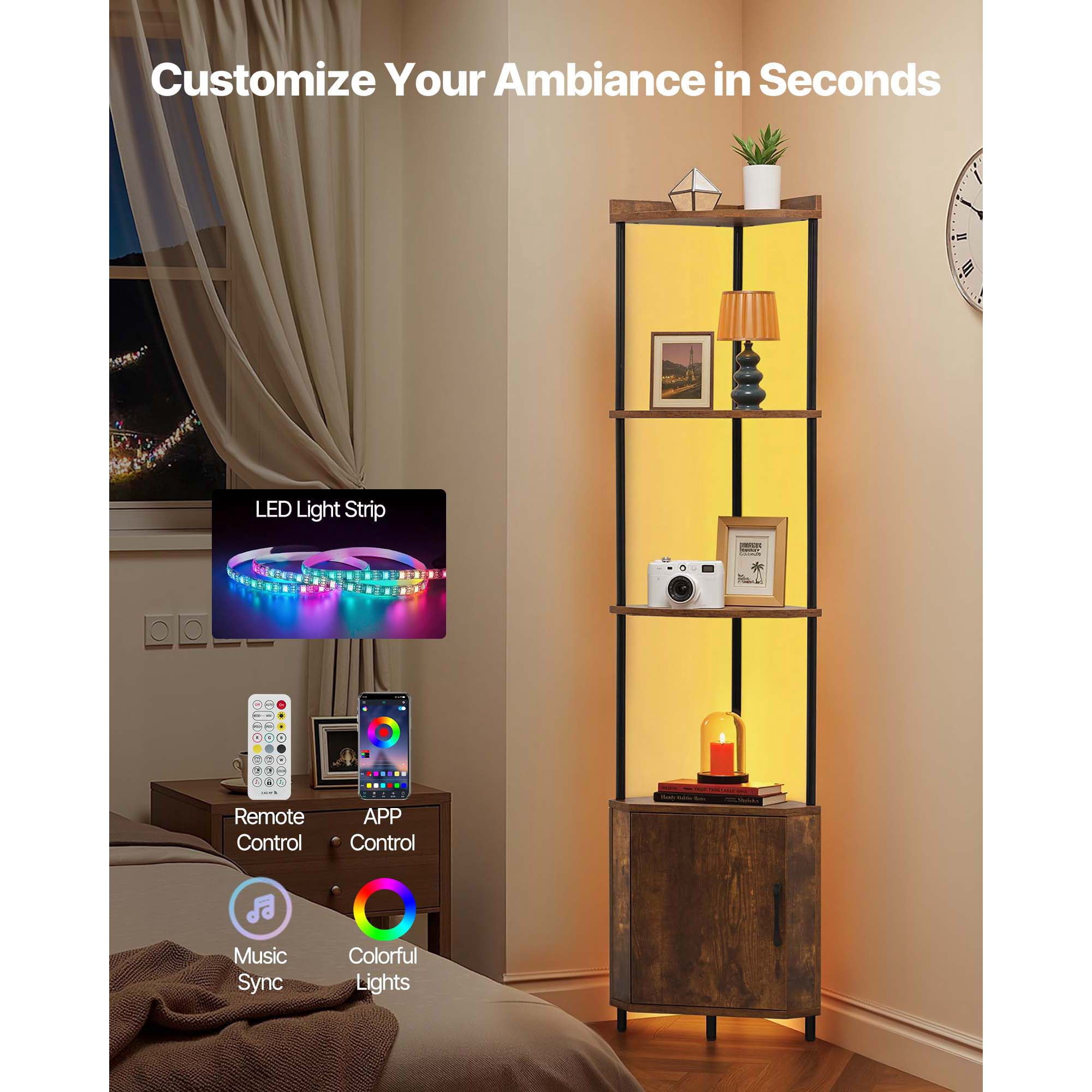 KFFKFF 5-Tier Corner Shelf with LED Lighting, 65.4" Tall Storage Unit with Cabinet, Multi-Color Display Controlled by Remote or App for Bedroom, Living Room, or Office