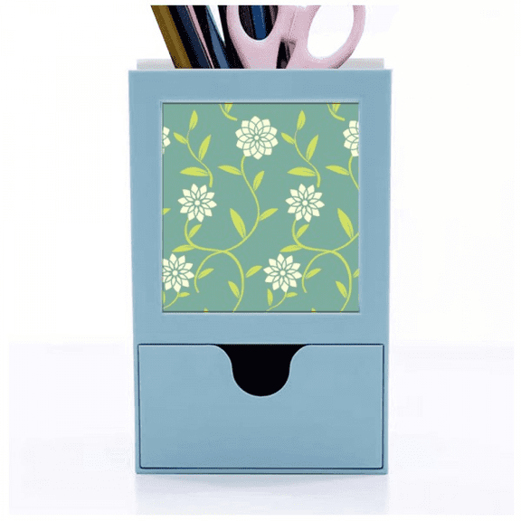 Green White Flowers Decorative Pattern Desk Supplies Organizer Pen Holder Card