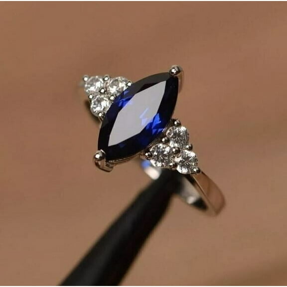 2Ct Marquise Cut Blue Sapphire Simulated Solitaire Ring 14K White Gold Plated