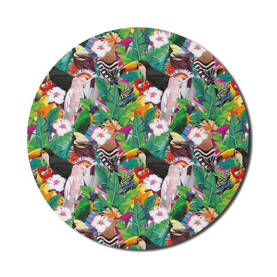 Colorful Mouse Pad for Computers, Exotic Composition of Bird Toucan Parrot Hoopoe Palm Leaves and Hibiscus Flowers, Round Non-Slip Thick Rubber Modern Mousepad, 8" Round, Multicolor, by Ambesonne