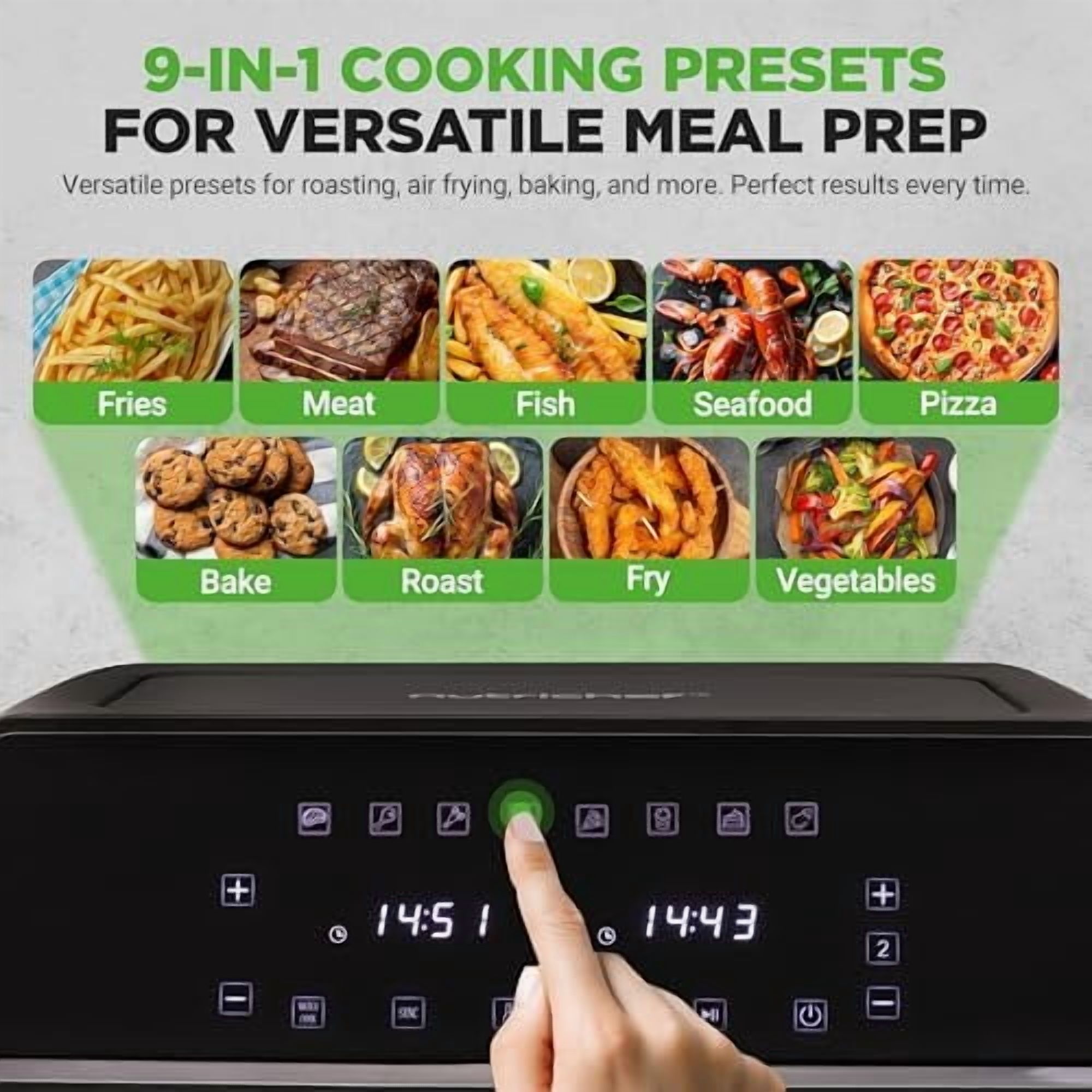 NutriChef Double Basket Air Fryer 8.8 QT Family Size Oil Free Digital Cooker with Transparent Window 9-1 Preset Cooking Options 360 Hot Air Circulation Technology 4.4 QTs per Basket Black