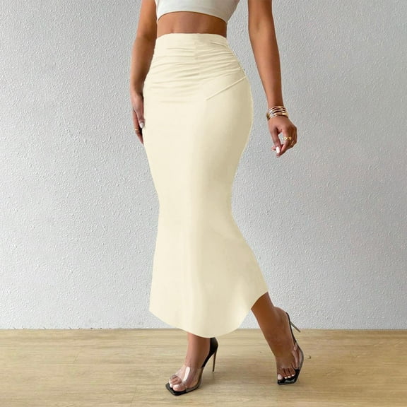 YTCAMLO Solid Color Womens Maxi Skirts Dressy High Waisted Bodycon Skirts Fishtail Pencil Skirt Stretchy Flowy Cocktail Long Skirts, Beige S