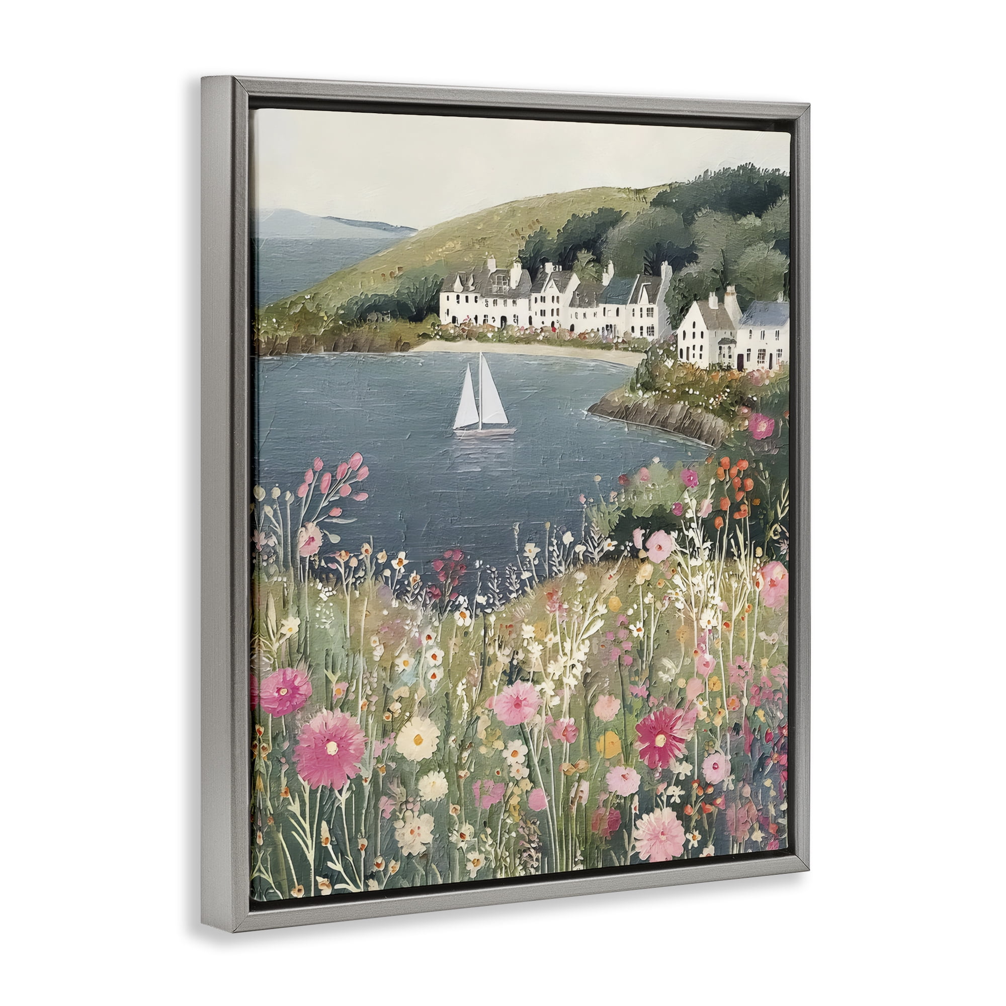 Stupell Industries Clifftop Meadow & Sailboat Gray Framed Floater Canvas Wall Art, design by Riley B