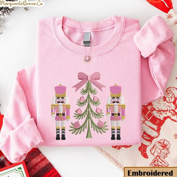 Embroidered Pink Nutcracker Christmas Sweatshirt, Festive Holiday Nutcracker Trio Sweater, Holiday Party Outfit, Merry Xmas Pullover