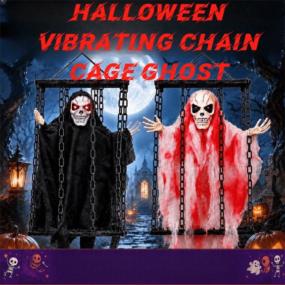 Halloween Hanging Cage Ghost Decoration, Animated Scary Skeleton with Chains & Red LED Eyes, Sound Activated Haunted House Prop for Porch Yard