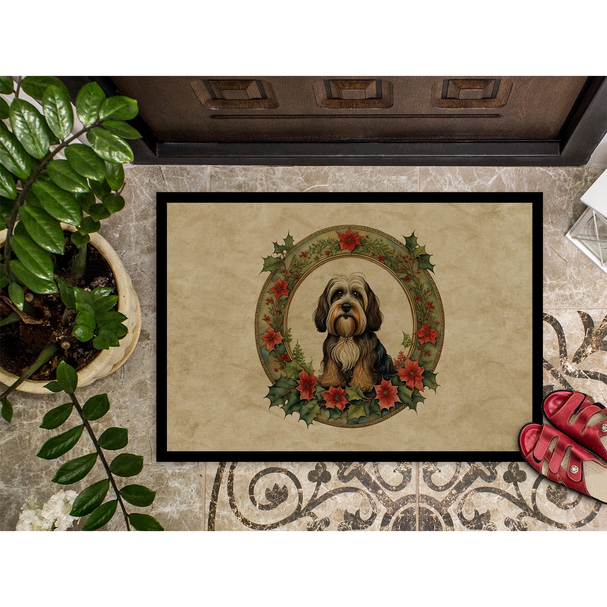 Carolines Treasures DAC2439MAT 18 x 27 in. Unisex Tibetan Terrier Christmas Flowers Doormat