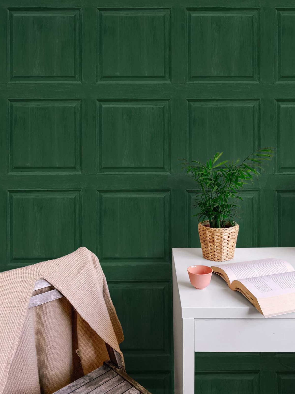 NextWall Arthouse Washed Faux Panel Peel and Stick Wallpaper 20.5 in. W x 18 ft. L - Emerald Green