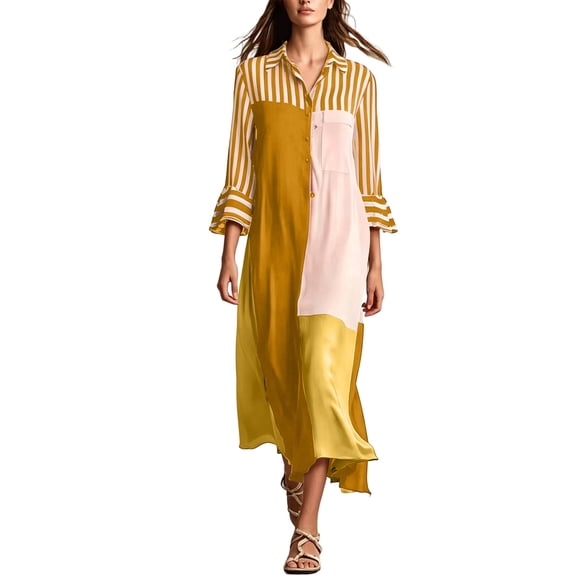 SAWOBUUN Womens Boho Striped Shirt Dress 3/4 Sleeve Color Block Button Maxi Dress Loose Fit Casual Beach Sundress