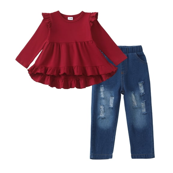12 Months Baby Girls Clothes 18 Months Girls 2PCS Outfits Set Solid Color Toddler Girls Long Sleeve Crew Neck Top Denim Pants Set Red