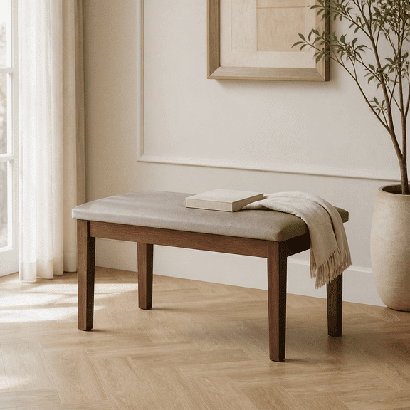Purfeel Home Solid Rubberwood Dining Bench with Upholstered Gray Fabric Seat, Minimalist Entryway Shoe Bench, Bedroom End Bench, Kitchen & Living Room Seating