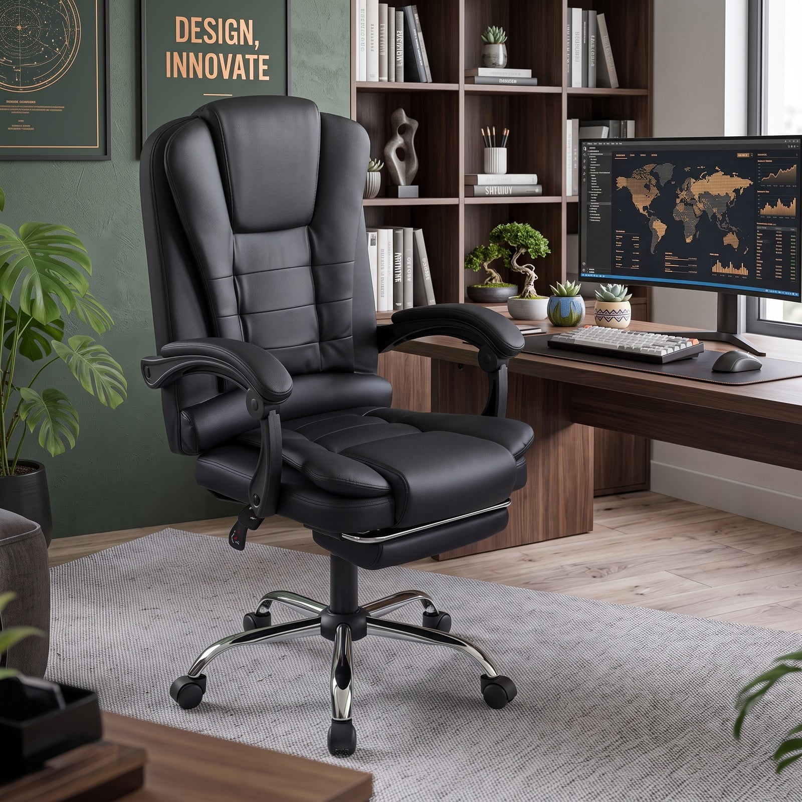 Furnibear Massage Office Chair with Footrest, Reclining High Back and Swivel Seat, Ergonomic USB Vibration Executive Computer Desk Chair with Adjustable Padded, Black