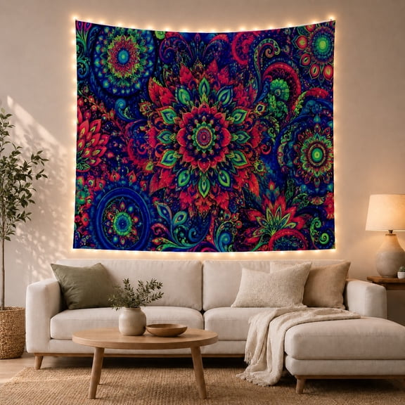 Vibrant Psychedelic Mandala on Navy Background Energetic Psychedelic for Boho Decor Lovers Mandala Art Decor Housewarming Gift Tapestry Wall Hanging for Bedroom and Living Room