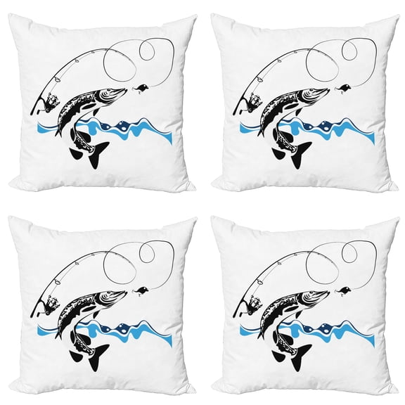 Ambesonne Fish Throw Pillow Cover 4 Pack, Hand Drawn Art Nautical, 20", Black Blue