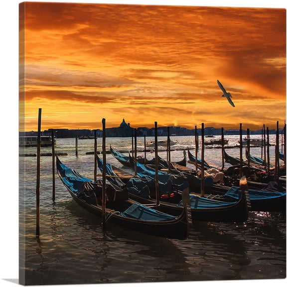 ARTCANVAS Gondolas Under an Amber Sunset Venice Italy Square Canvas Art Print - Size: 12" x 12" (1.50" Deep)