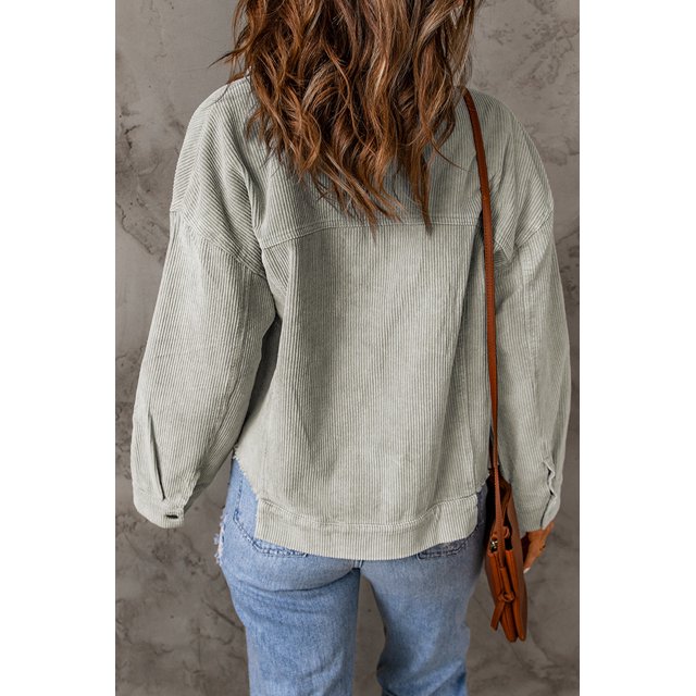 ABPHQTO Chaqueta corta de pana azul cielo con dobladillo sin rematar y bolsillos con solapa para mujer