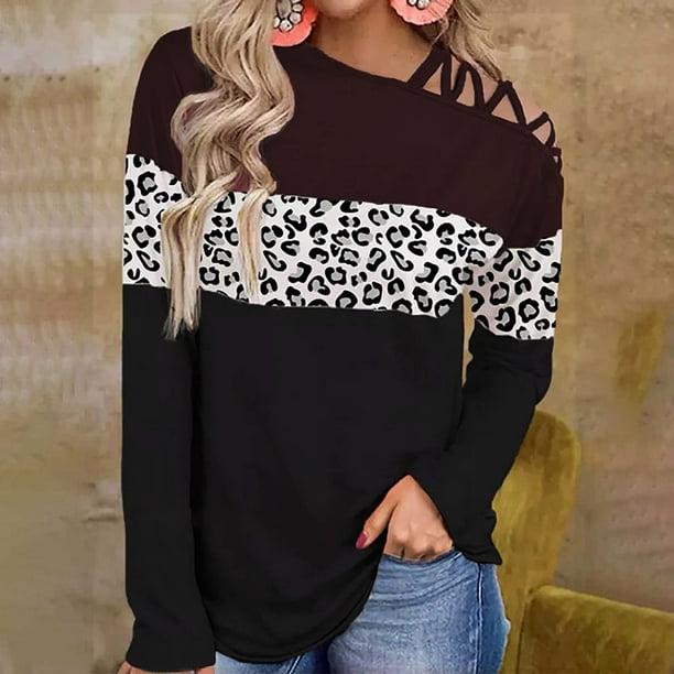 Puntoco mujeres manga larga hombro fuera del hombro correa cruzada Plaid Color bloque tops blusa túnica tops Puntoco Puntoco-5426