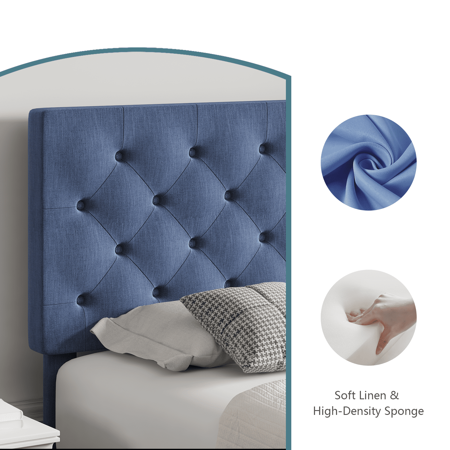 4 Ever Winner King Size Bed Frame, Upholstered Platform Bed with Headboard, Button Tufted Headboard, Blue