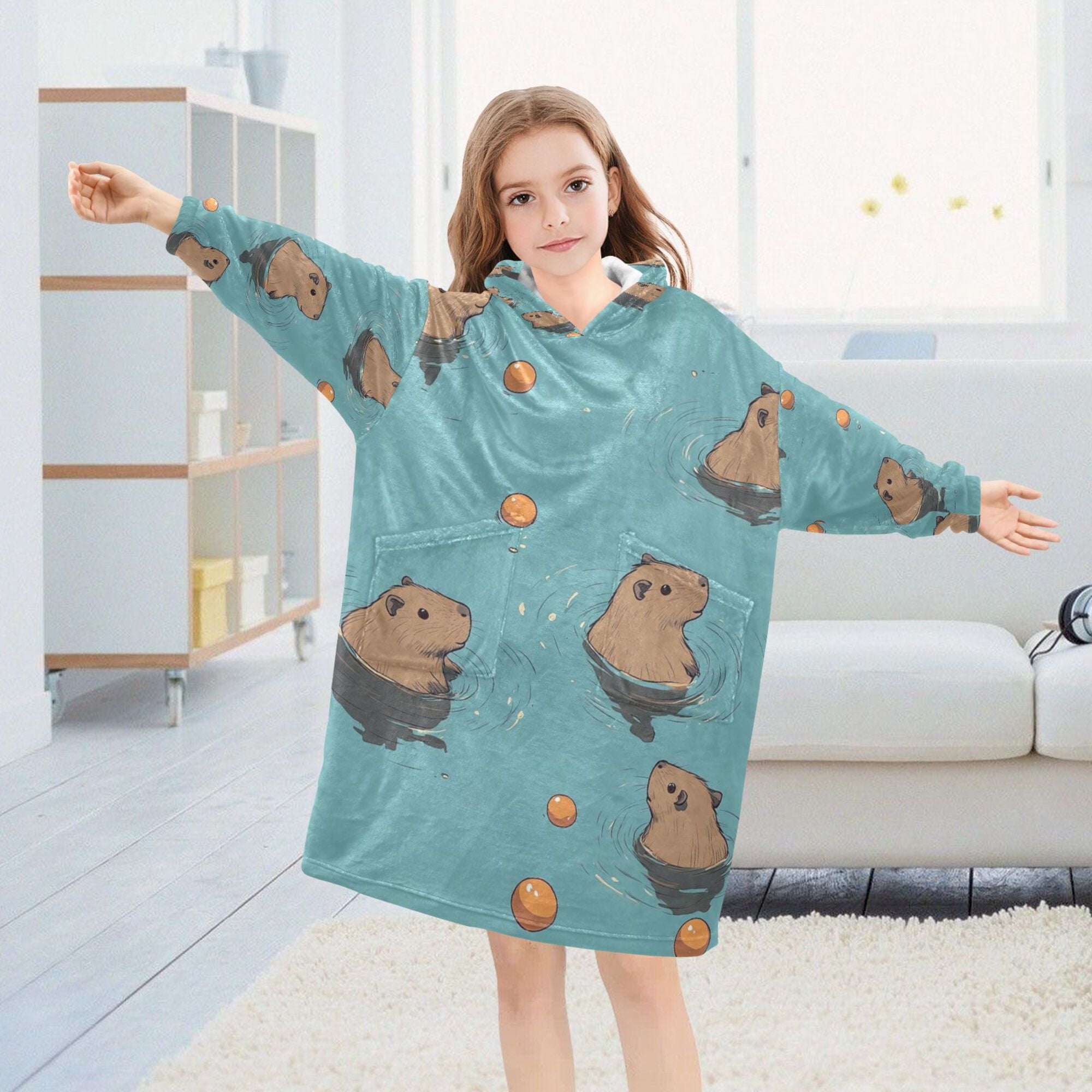 FORMRS Wearable Blanket Hoodie with Sleeves for Kids Cozy Flannel Sweatshirt, Cartoon Capybaras