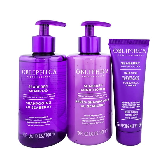 OBLIPHICA Seaberry Shampoo & Conditioner 10oz. Duo WITH FREE Hair Mask 2.54oz. ($14.00 Value). Repairs All Types of Hair Damage for Straight, Wavy, Curly, Coily, Medium to Coarse Hair Textures.