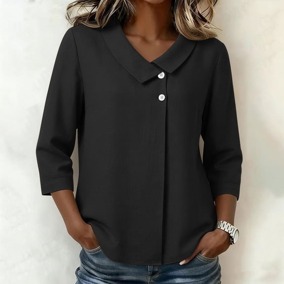 ClodeEU Women's Lapel Collar Linen 3/4 Sleeve Blouse, Casual Loose Fit Summer Top Black,Women's Plus L