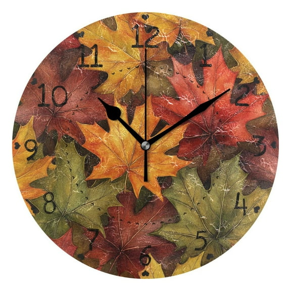 Autumn Maple Leaves Watercolor Round Wall Clock Silent Battery Operated Home Decor for Living Room Bedroom