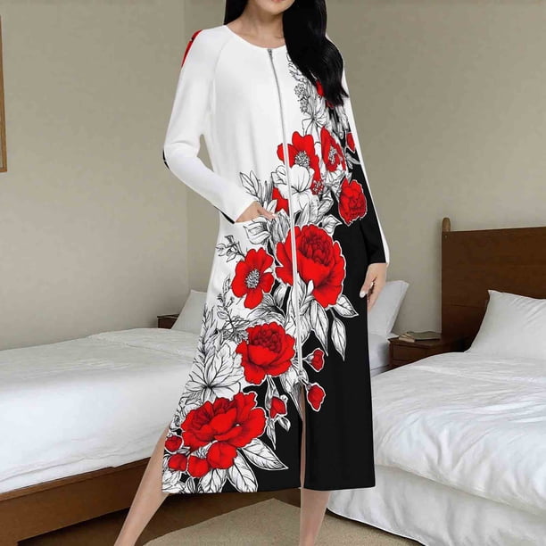Batas de invierno para mujer, camisón cálido y camisón de invierno con cremallera y bolsillos, pijama holgado para mujer.