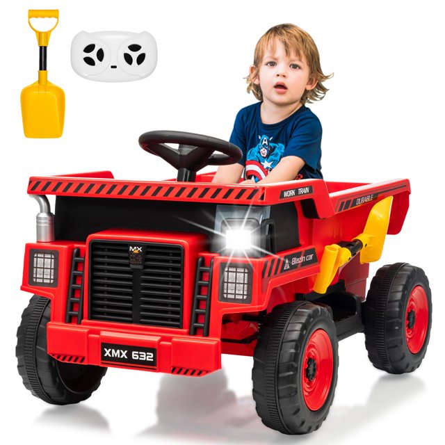 AKDSteel 12V Kids Ride On Dump Truck with Remote Control, Electric Dump Bed & Shovel, Construction Vehicle Ride On Toy with Spring Suspension, Music, LED Lights