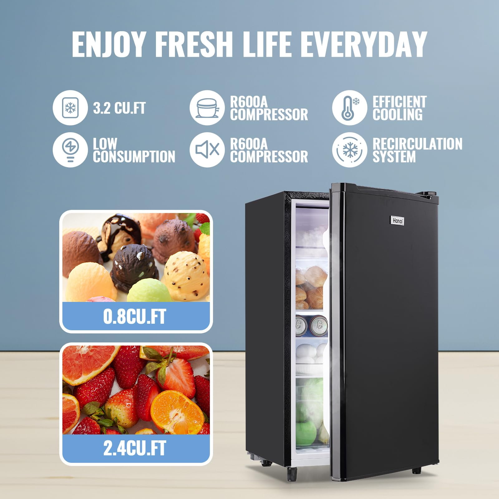 WANAI 3.2 Cu.ft Mini Fridge with Single Door 5 Adjustable