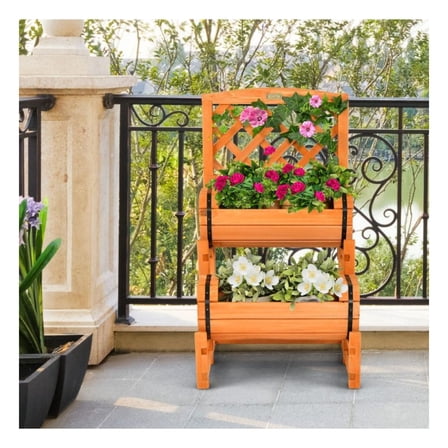 Raised Garden Bed 2-Tier, Wooden Planter Box with Trellis, Outdoor Flower Vegetable Herb Growing, Orange Fir Wood, 18"x18"x32", Cylindrical Planters for Patio, Balcony, Garden