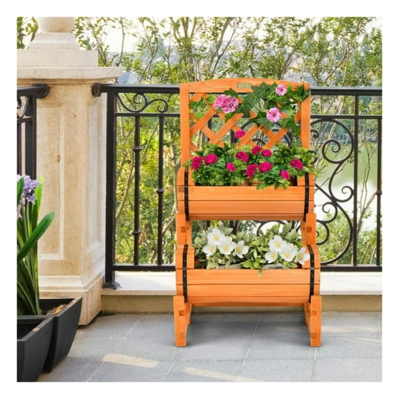 Raised Garden Bed 2-Tier, Wooden Planter Box with Trellis, Outdoor Flower Vegetable Herb Growing, Orange Fir Wood, 18"x18"x32", Cylindrical Planters for Patio, Balcony, Garden
