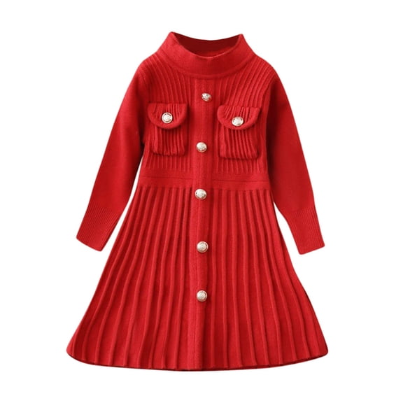 OGLCCG Girls Sweater Dress Long Sleeve Cable Knit Button Front Pleated A-Line Princess Dress Casual Fall Winter Midi Dresses 1-8 Years