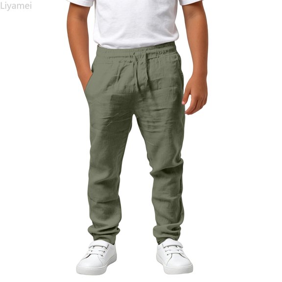 Liyamei Boys Casual Pants, Kids Straight Leg Trousers, Drawstring Elastic Waist Soft Blend Flat Front Size 4-14